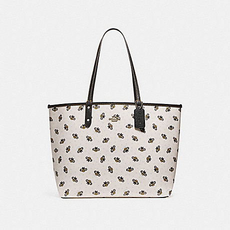 COACH F25820 REVERSIBLE CITY TOTE WITH BEE PRINT CHALK/BLACK/SILVER