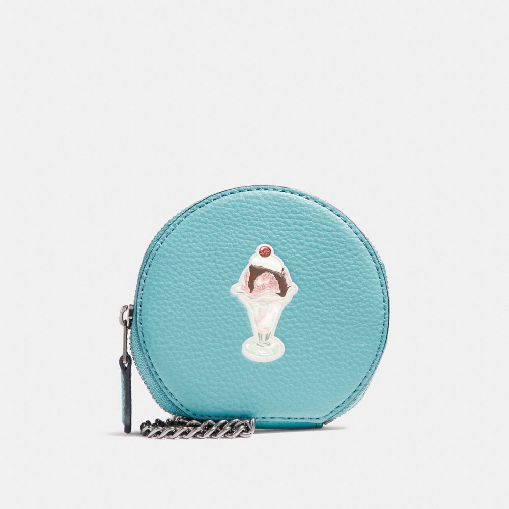 COACH F25851 ROUND COIN CASE WITH ICE CREAM SUNDAE MOTIF BLUE-GREEN/BLACK-ANTIQUE-NICKEL