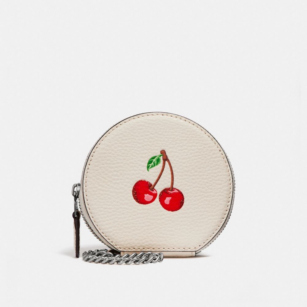 COACH F25852 Round Coin Case With Cherry CHALK MULTI/SILVER