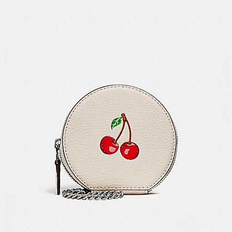 COACH f25852 ROUND COIN CASE WITH CHERRY CHALK MULTI/SILVER