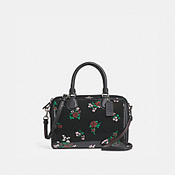 MINI BENNETT SATCHEL WITH CROSS STITCH FLORAL PRINT - f25856 - SILVER/BLACK MULTI