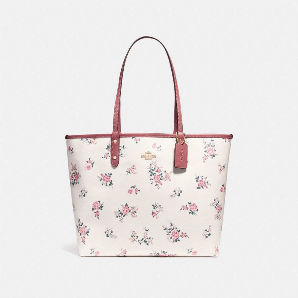 REVERSIBLE CITY TOTE WITH CROSS STITCH FLORAL - f25860 - LIGHT GOLD/CHALK MULTI