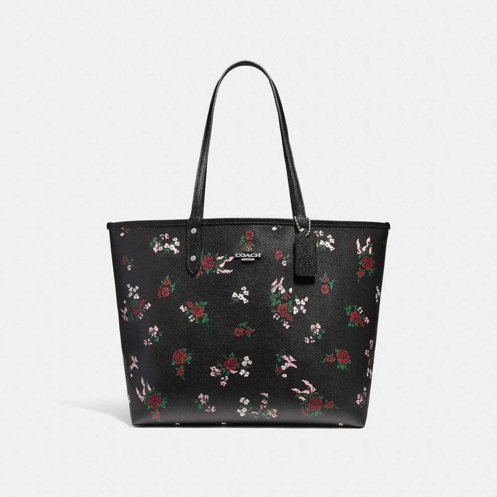 COACH F25860 REVERSIBLE CITY TOTE WITH CROSS STITCH FLORAL SILVER/BLACK-MULTI