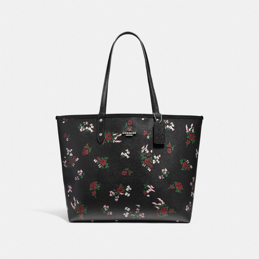 COACH F25860 - REVERSIBLE CITY TOTE WITH CROSS STITCH FLORAL SILVER/BLACK MULTI