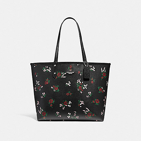 COACH f25860 REVERSIBLE CITY TOTE WITH CROSS STITCH FLORAL SILVER/BLACK MULTI