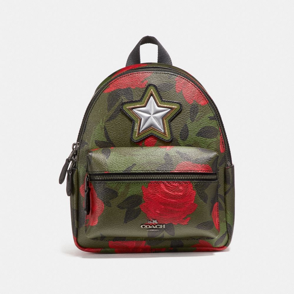 MINI CHARLIE BACKPACK WITH CAMO ROSE FLORAL PRINT - BLACK ANTIQUE NICKEL/RED MULTI - COACH F25869