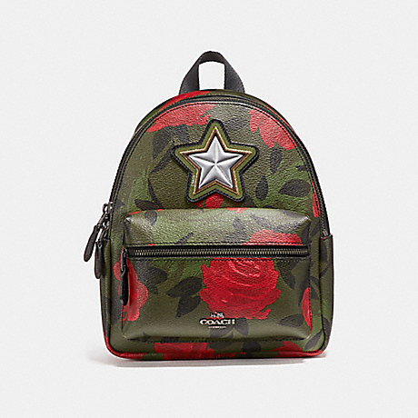COACH f25869 MINI CHARLIE BACKPACK WITH CAMO ROSE FLORAL PRINT BLACK ANTIQUE NICKEL/RED MULTI