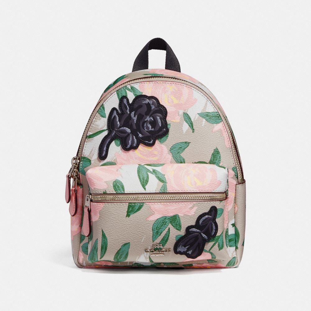 COACH F25869 Mini Charlie Backpack With Camo Rose Floral Print SILVER/BLUSH MULTI