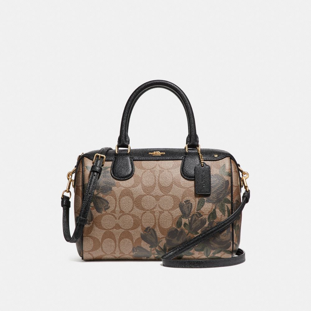 MINI BENNETT SATCHEL WITH CAMO ROSE FLORAL PRINT - f25870 - LIGHT GOLD/KHAKI