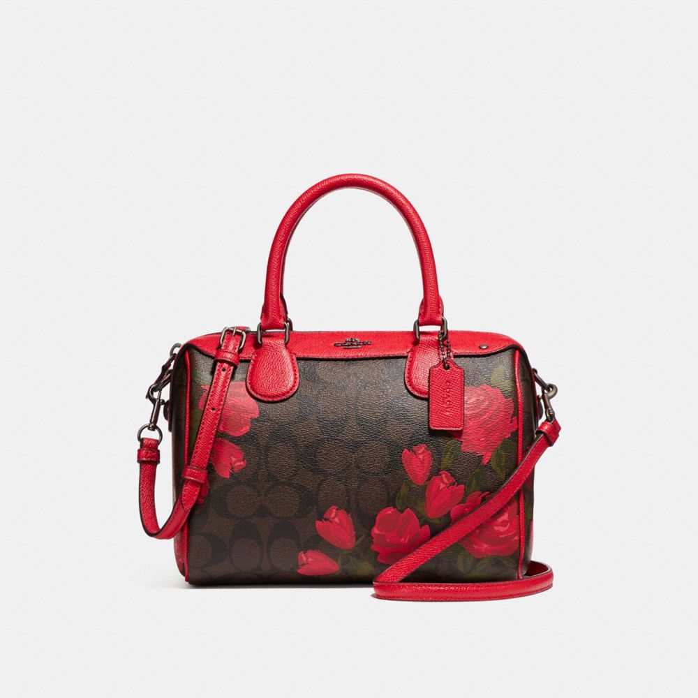 COACH MINI BENNETT SATCHEL WITH CAMO ROSE FLORAL PRINT - BLACK ANTIQUE NICKEL/BROWN RED MULTI - F25870