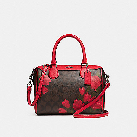 COACH f25870 MINI BENNETT SATCHEL WITH CAMO ROSE FLORAL PRINT BLACK ANTIQUE NICKEL/BROWN RED MULTI
