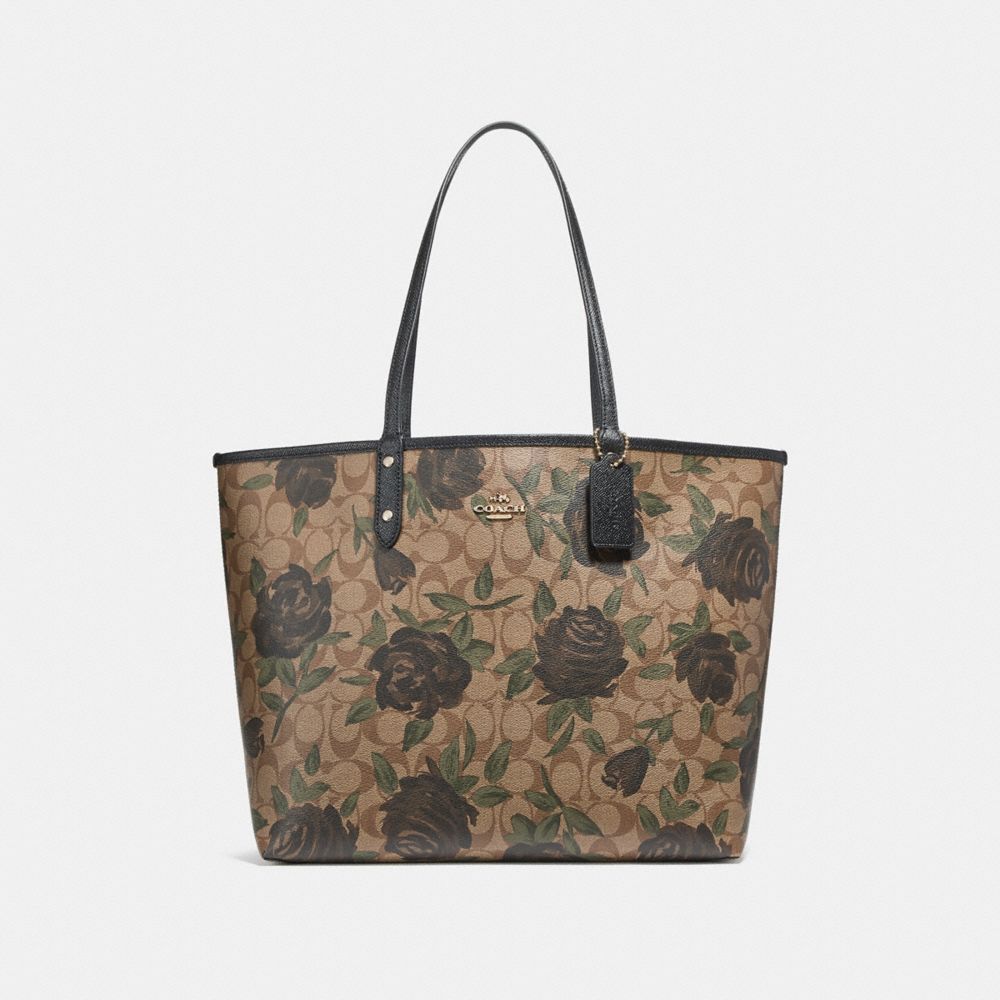 COACH REVERSIBLE CITY TOTE WITH CAMO ROSE FLORAL PRINT - LIGHT GOLD/KHAKI - F25874
