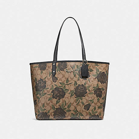 COACH F25874 REVERSIBLE CITY TOTE WITH CAMO ROSE FLORAL PRINT LIGHT-GOLD/KHAKI