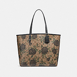 COACH REVERSIBLE CITY TOTE WITH CAMO ROSE FLORAL PRINT - LIGHT GOLD/KHAKI - F25874