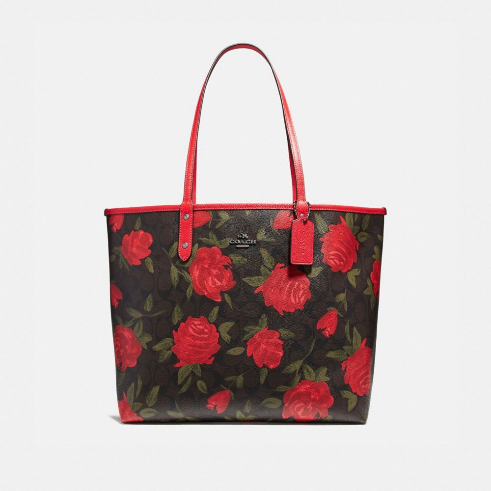 REVERSIBLE CITY TOTE WITH CAMO ROSE FLORAL PRINT - BLACK ANTIQUE NICKEL/BROWN RED MULTI - COACH F25874