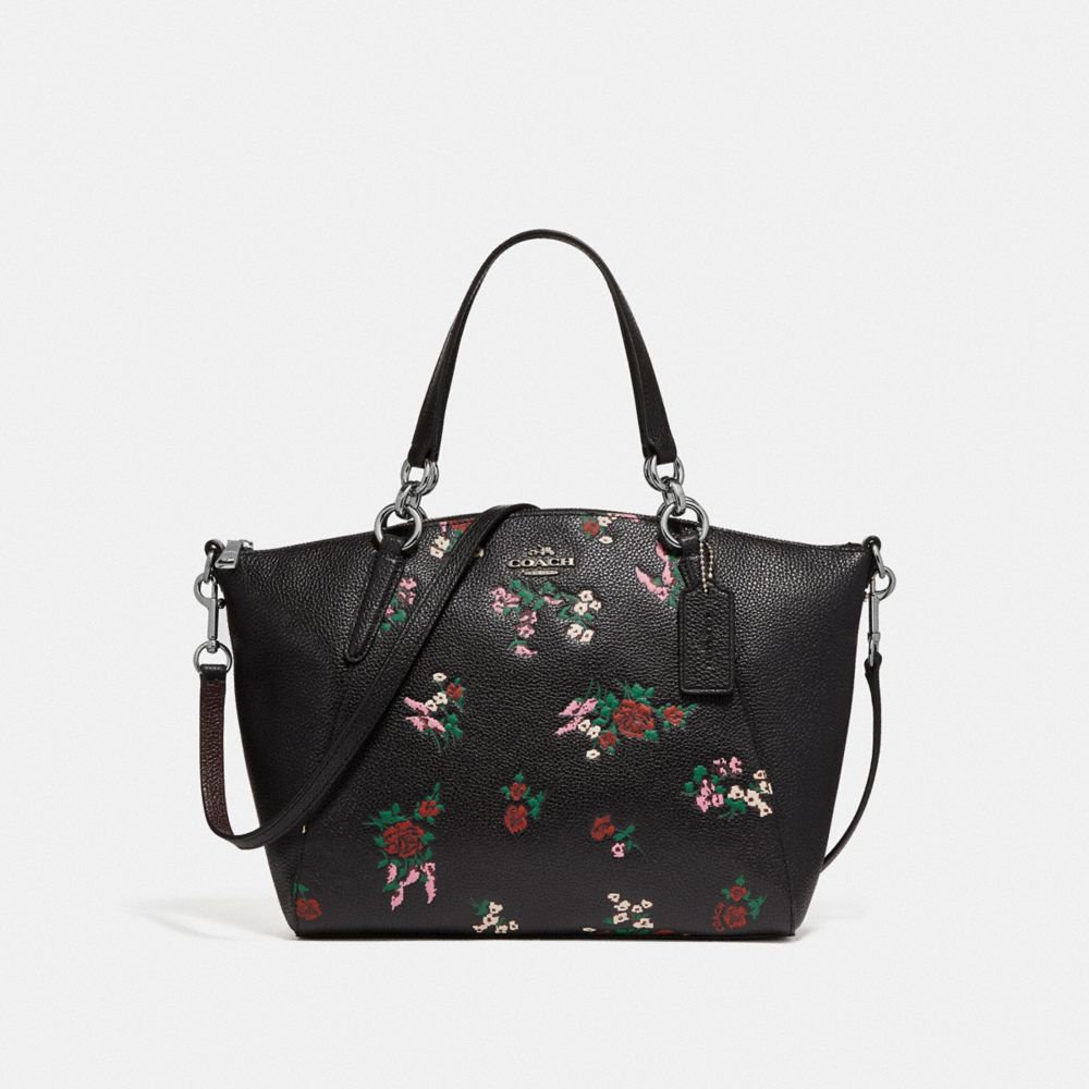 SMALL KELSEY SATCHEL WITH CROSS STITCH FLORAL PRINT - f25875 - SILVER/BLACK MULTI