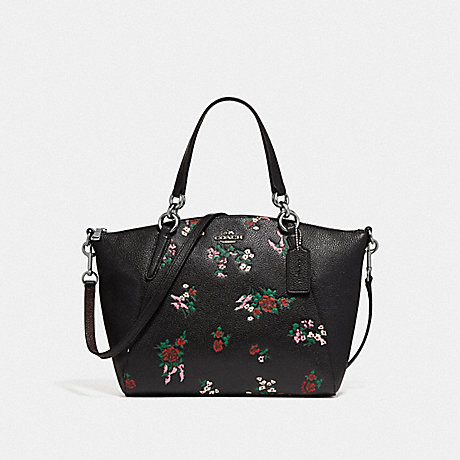 COACH f25875 SMALL KELSEY SATCHEL WITH CROSS STITCH FLORAL PRINT SILVER/BLACK MULTI