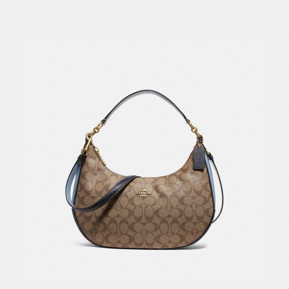 COACH F25897 East/west Harley Hobo In Colorblock Signature Canvas KHAKI/MIDNIGHT POOL/LIGHT GOLD