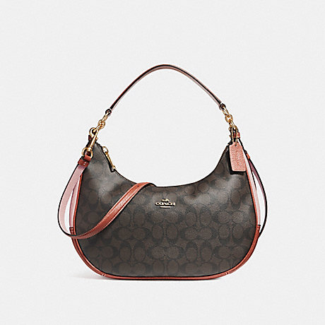 COACH f25897 EAST/WEST HARLEY HOBO IN COLORBLOCK SIGNATURE CANVAS BROWN/BLUSH TERRACOTTA/LIGHT GOLD