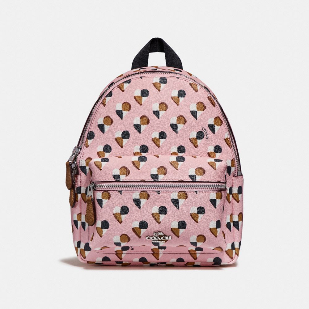 COACH F25915 Mini Charlie Backpack With Checker Heart Print SILVER/BLUSH MULTI