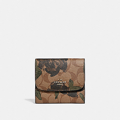 COACH f25930 SMALL WALLET WITH CAMO ROSE FLORAL PRINT LIGHT GOLD/KHAKI