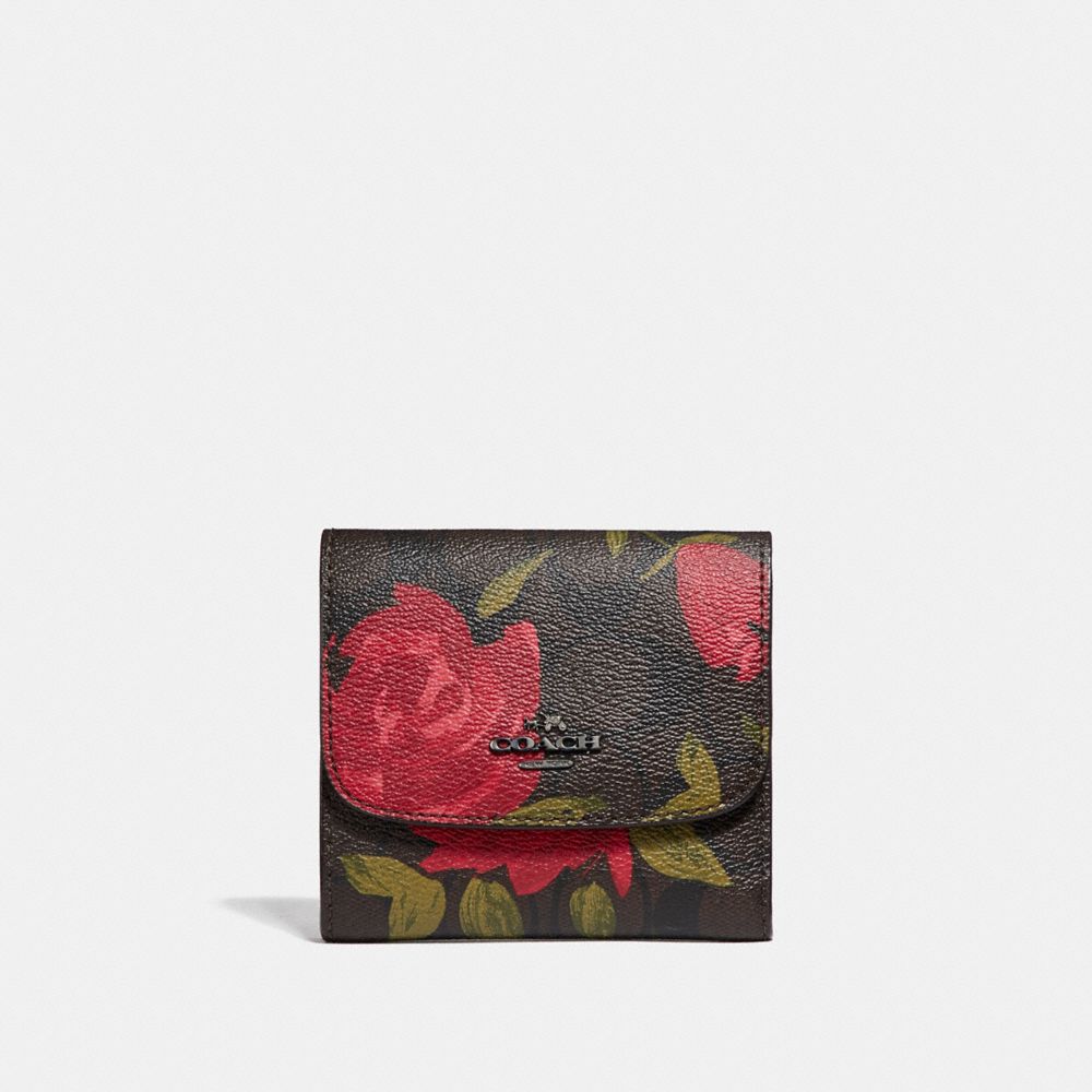 COACH SMALL WALLET WITH CAMO ROSE FLORAL PRINT - BLACK ANTIQUE NICKEL/BROWN RED MULTI - F25930