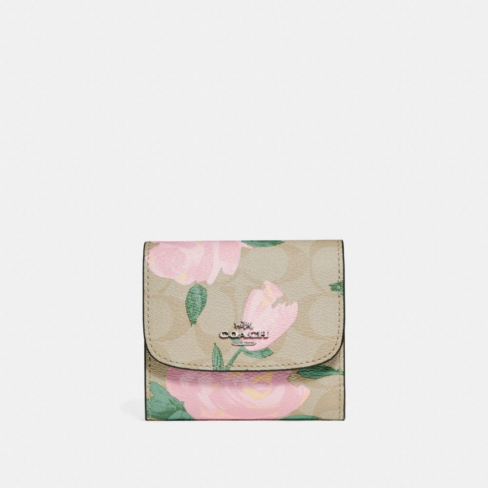 COACH F25930 Small Wallet With Camo Rose Floral Print SILVER/LIGHT KHAKI BLUSH MULTI