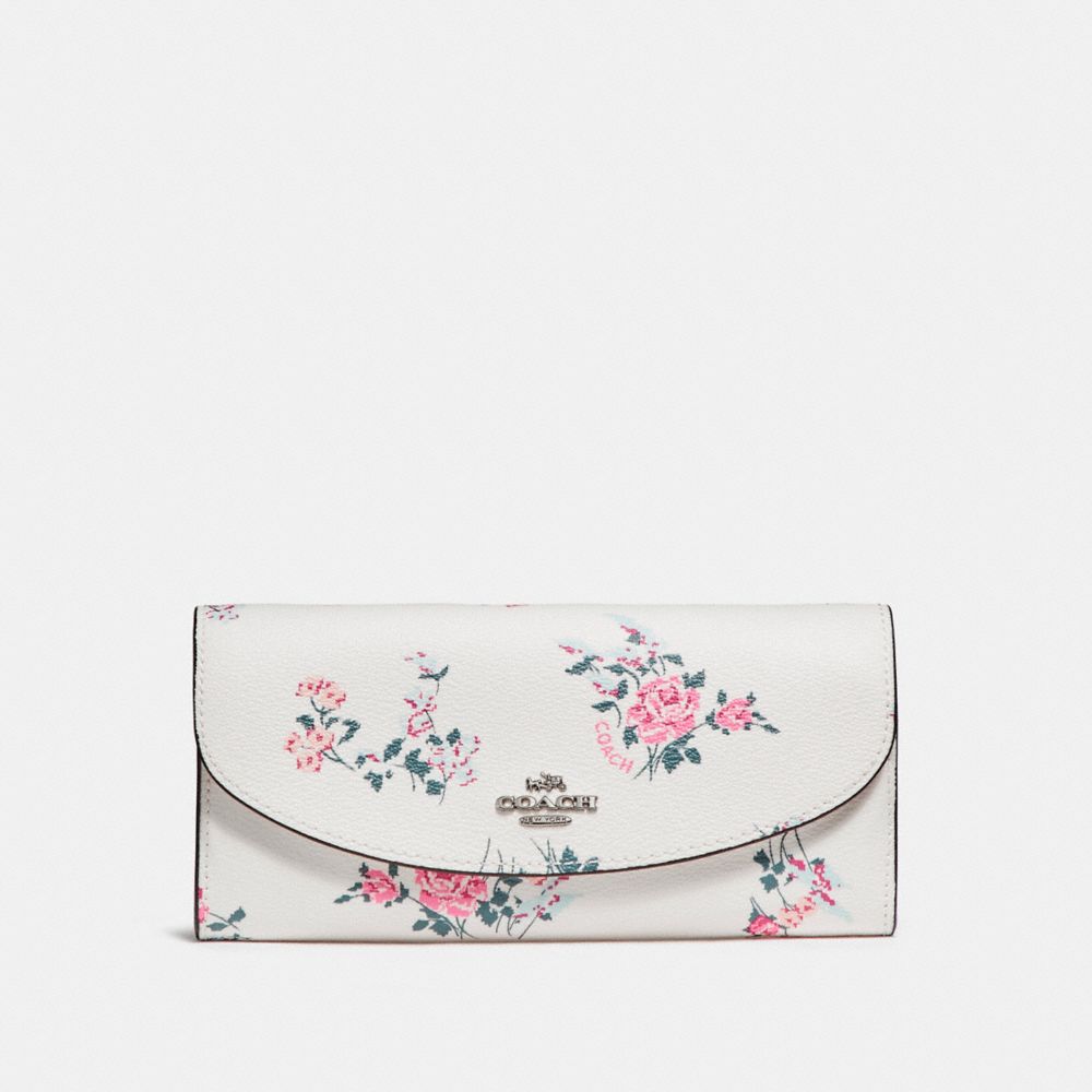 COACH F25932 SLIM ENVELOPE WALLET WITH CROSS STITCH FLORAL PRINT SILVER/CHALK-MULTI