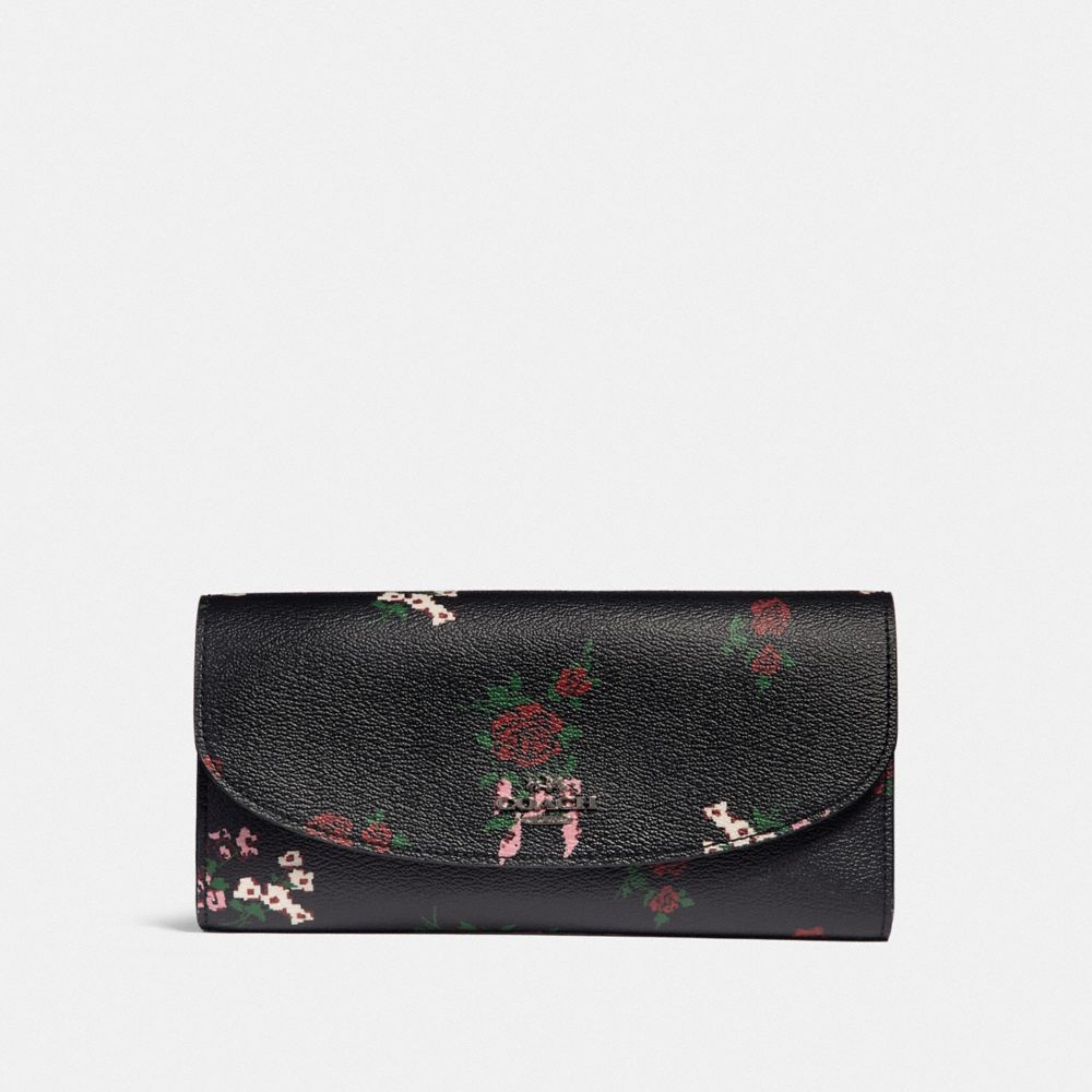 COACH F25932 Slim Envelope Wallet With Cross Stitch Floral Print SILVER/BLACK MULTI