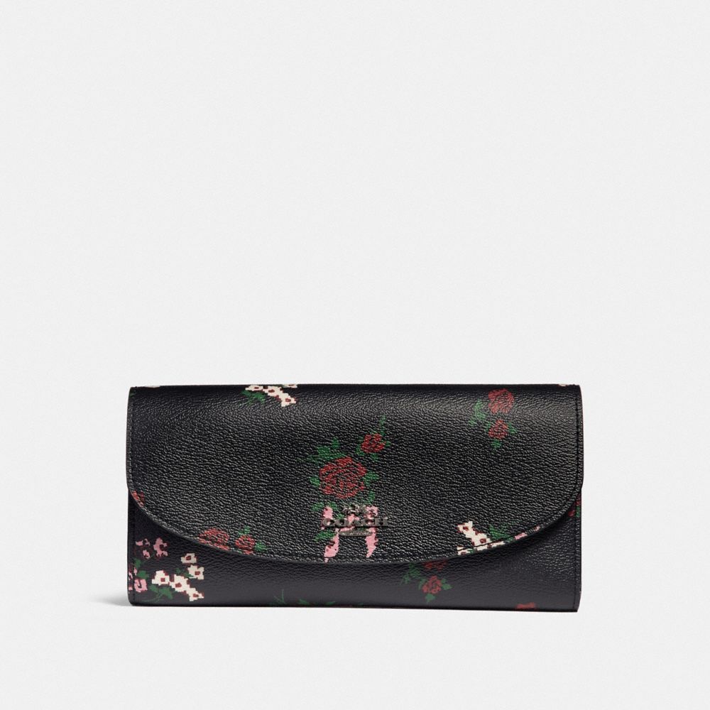 SLIM ENVELOPE WALLET WITH CROSS STITCH FLORAL PRINT - SILVER/BLACK MULTI - COACH F25932