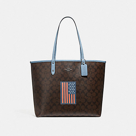 COACH f25949 REVERSIBLE CITY TOTE IN SIGNATURE CANVAS WITH FLAG BROWN BLACK/BLACK/BLACK ANTIQUE NICKEL