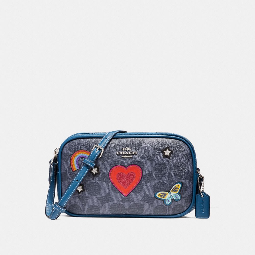 CROSSBODY POUCH IN SIGNATURE CANVAS WITH SOUVENIR EMBROIDERY - f25950 - SILVER/DENIM