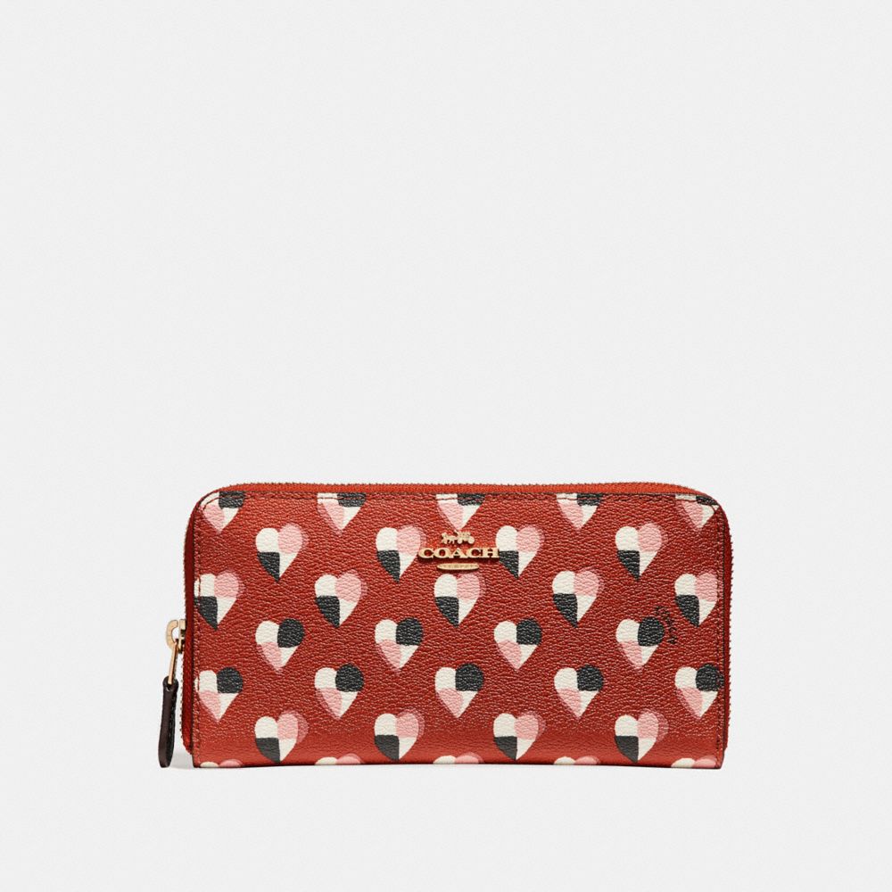 ACCORDION ZIP WALLET WITH CHECKER HEART PRINT - f25962 - TERRACOTTA MULTI/LIGHT GOLD