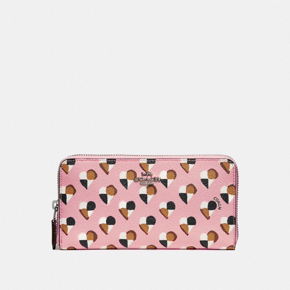 COACH f25962 ACCORDION ZIP WALLET WITH CHECKER HEART PRINT SILVER/BLUSH MULTI