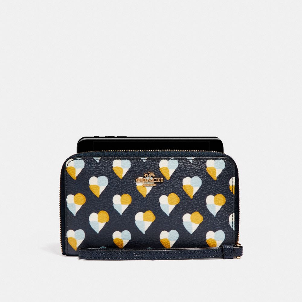 PHONE WALLET WITH CHECKER HEART PRINT - MIDNIGHT MULTI/LIGHT GOLD - COACH F25963