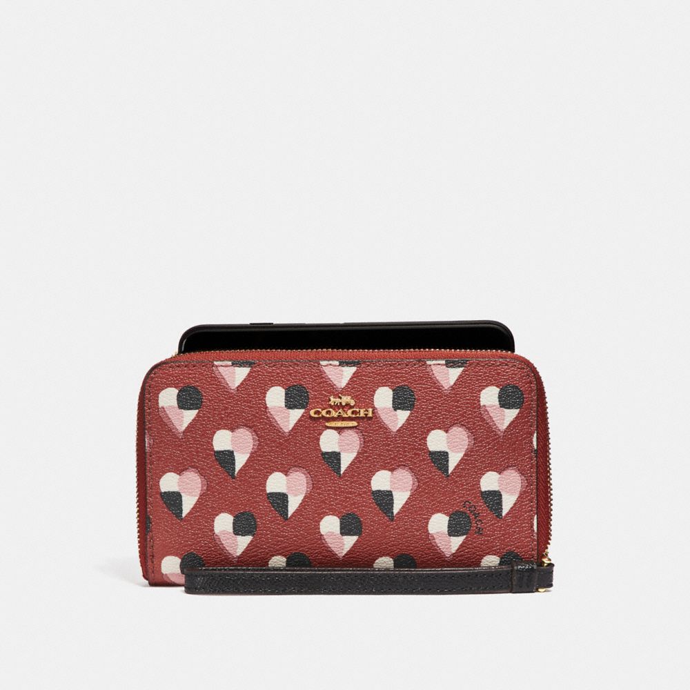 PHONE WALLET WITH CHECKER HEART PRINT - TERRACOTTA MULTI/LIGHT GOLD - COACH F25963