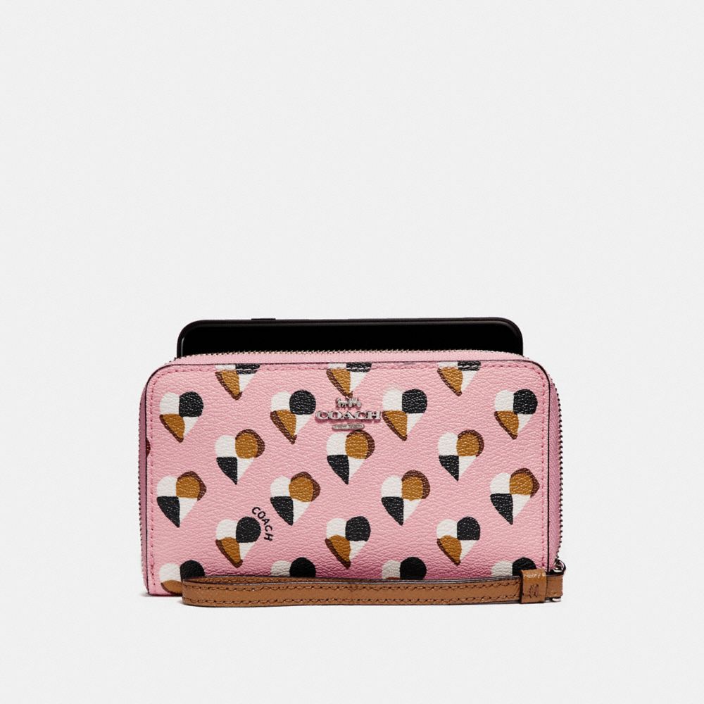 PHONE WALLET WITH CHECKER HEART PRINT - f25963 - SILVER/BLUSH MULTI