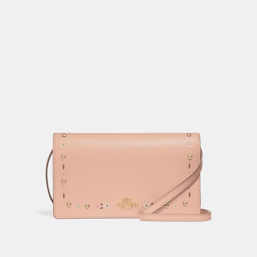 COACH F26007 FOLDOVER CROSSBODY CLUTCH WITH FLORAL TOOLING NUDE-PINK/LIGHT-GOLD