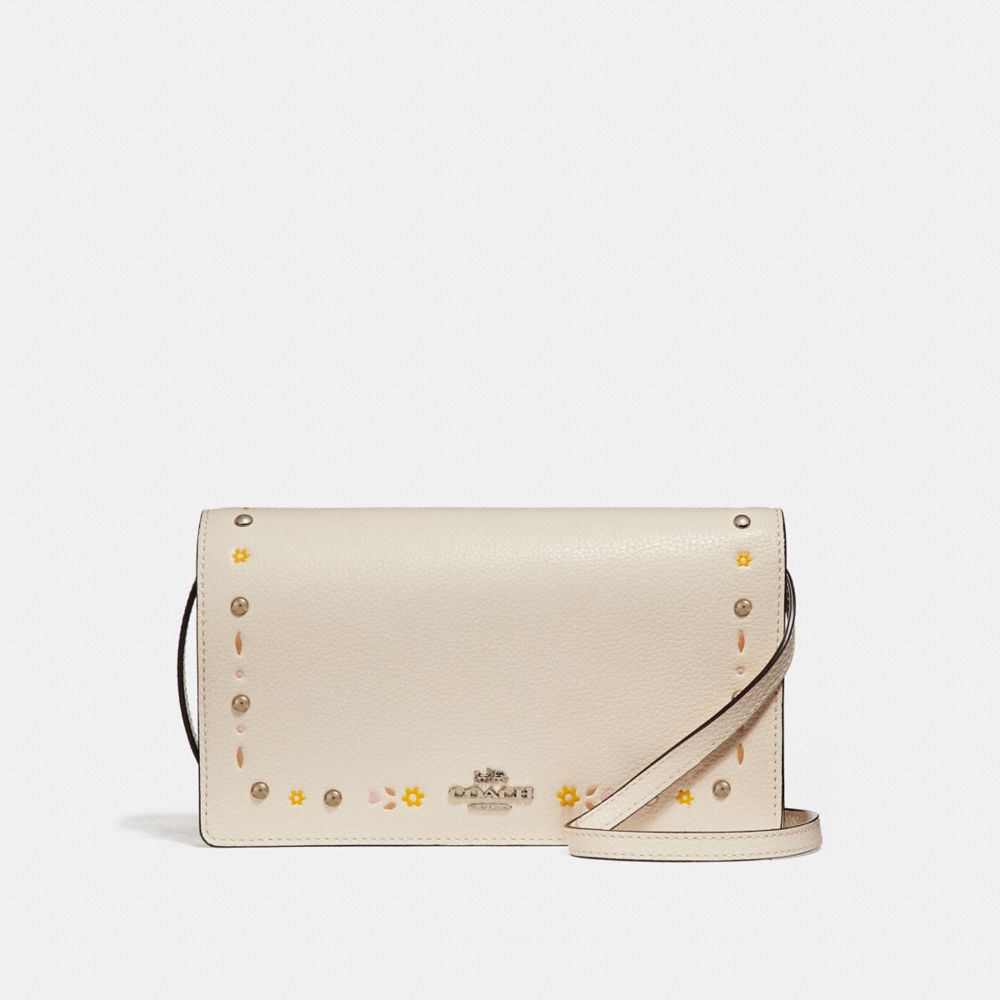 COACH f26007 FOLDOVER CROSSBODY CLUTCH WITH FLORAL TOOLING SILVER/CHALK