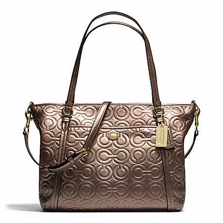 COACH f26038 PEYTON OP ART EMBOSSED PATENT POCKET TOTE BRASS/BRONZE