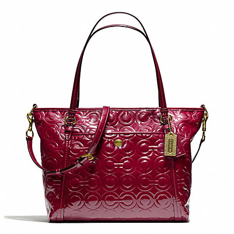 COACH f26038 PEYTON OP ART EMBOSSED PATENT POCKET TOTE BRASS/MERLOT