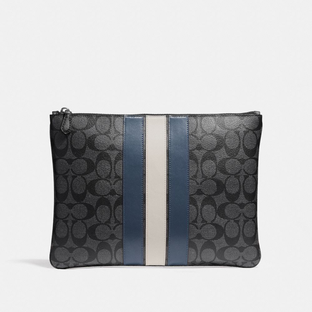 LARGE POUCH IN SIGNATURE CANVAS WITH VARSITY STRIPE - MIDNIGHT NVY/DENIM/CHALK - COACH F26071