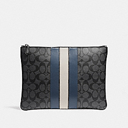 COACH F26071 - LARGE POUCH IN SIGNATURE CANVAS WITH VARSITY STRIPE MIDNIGHT NVY/DENIM/CHALK