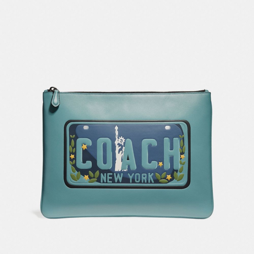 COACH LARGE POUCH WITH LICENSE PLATE - SLATE - F26090