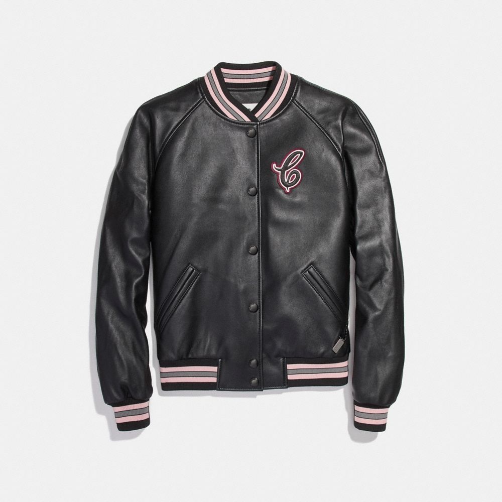 COACH F26108 Leather Varsity Jacket BLACK