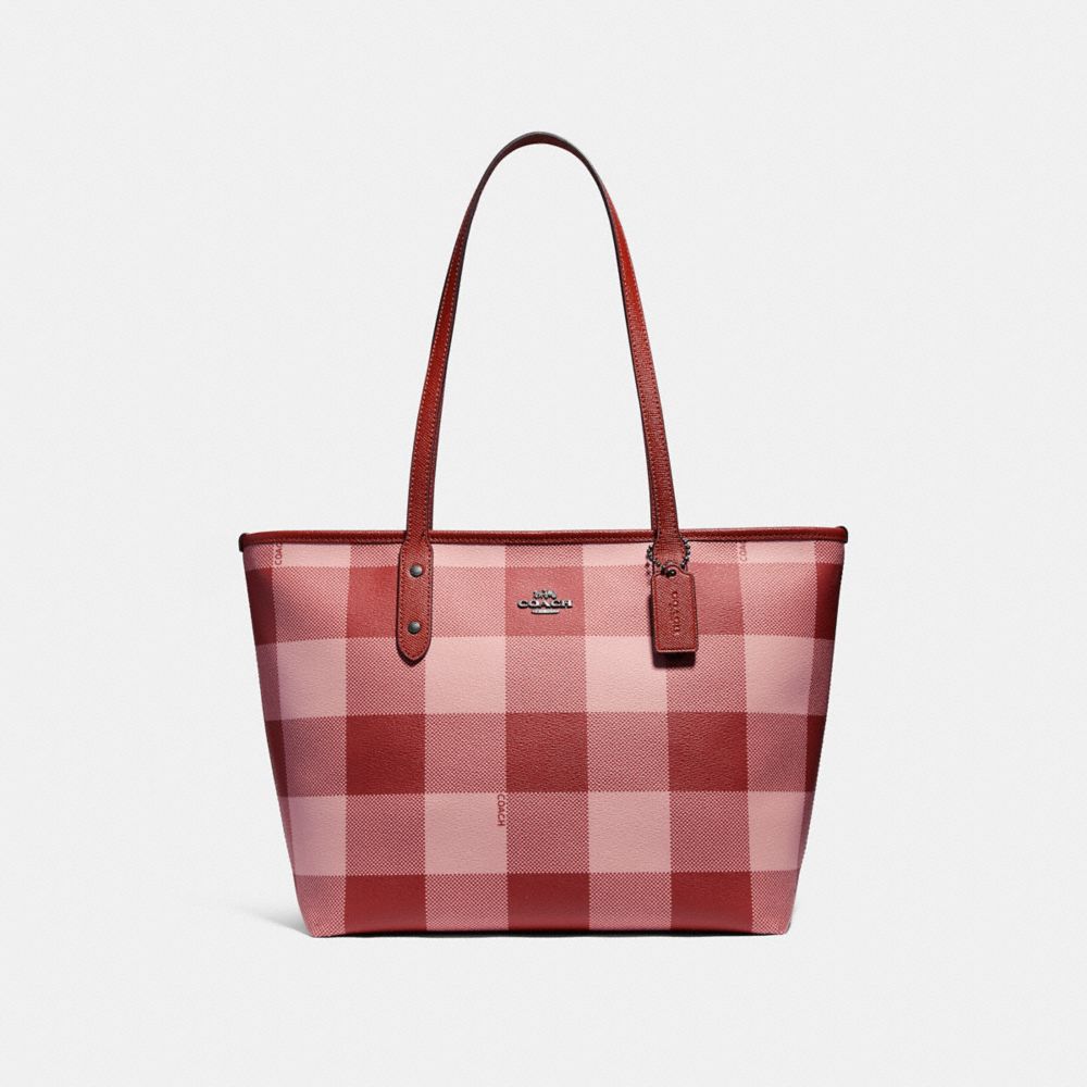 CITY ZIP TOTE WITH BUFFALO PLAID PRINT - f26147 - BLUSH MULTI/BLACK ANTIQUE NICKEL