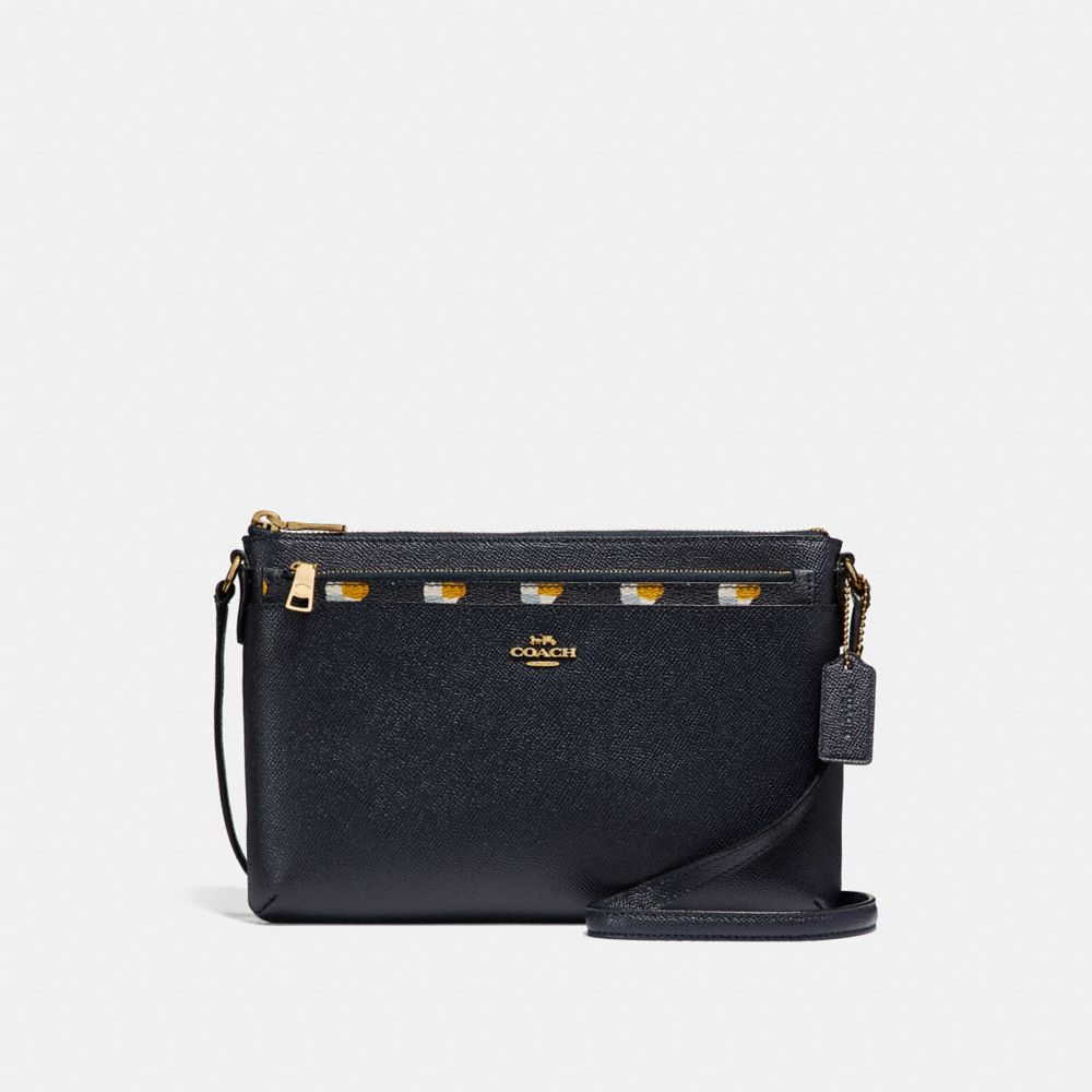 COACH F26149 EAST/WEST CROSSBODY WITH POP-UP POUCH WITH CHECKER HEART PRINT MIDNIGHT-MULTI/LIGHT-GOLD