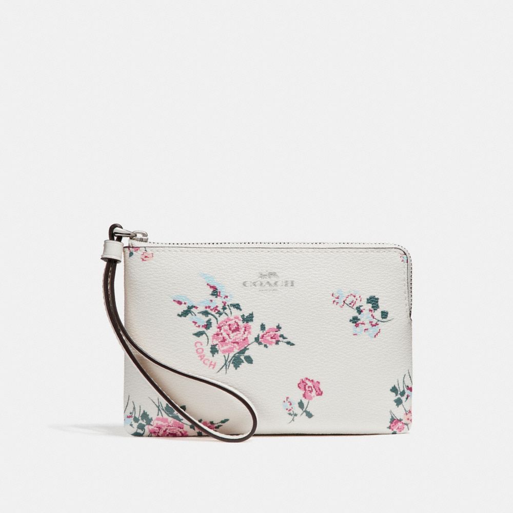 COACH f26217 CORNER ZIP WITH CROSS STITCH FLORAL PRINT SILVER/CHALK MULTI