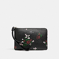 COACH F26217 Corner Zip With Cross Stitch Floral Print SILVER/BLACK MULTI