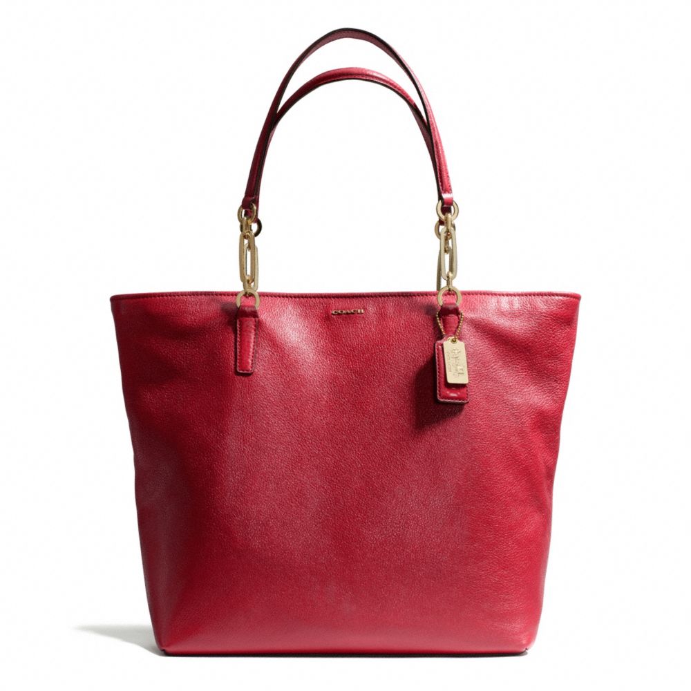 COACH F26225 Madison Leather North/south Tote LIGHT GOLD/SCARLET